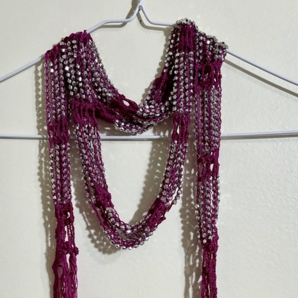 Accessories - Beaded crochet fringed scarf / belt - Magenta